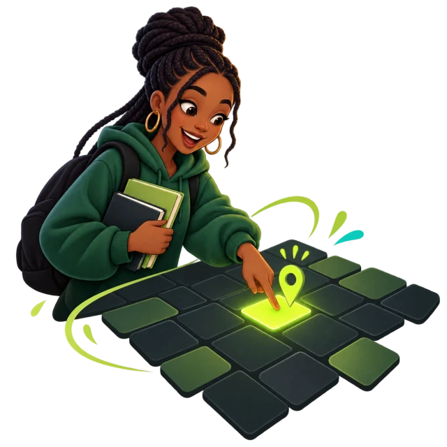 Cartoon student choosing a glowing spot on the campus mosaic